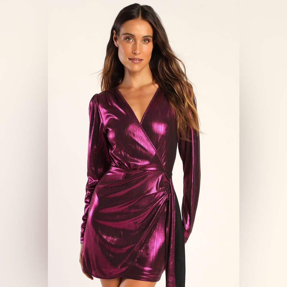 NWOT Lulus Retro Radiance Shiny Magenta Long Sleeve Tulip Mini Dress size Small